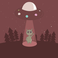 Wall Mural - cute humanoid touchdown to earth from ufo