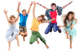 Fototapeta  - group of happy cheerful sportive children jumping and dancing