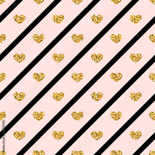 Gold Heart Seamless Pattern Golden Glitter Love Confetti Hearts On Black Pink Line Background Diagonal Stripe Design Valentine Day Wedding Wallpaper Modern Holiday Texture Vector Illustration Buy This Stock Vector And