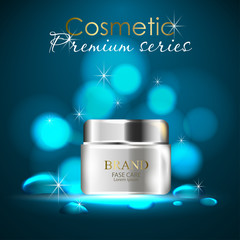 Wall Mural - essense and a cream for skin care. 3d vector realistic illustration. Collagen solution ,serum and water drops. The design of cosmetic products. Presentation of face care.