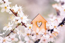 Wooden House With Hole In Form Of Heart Surrounded By Flowering Branches Of Spring Trees