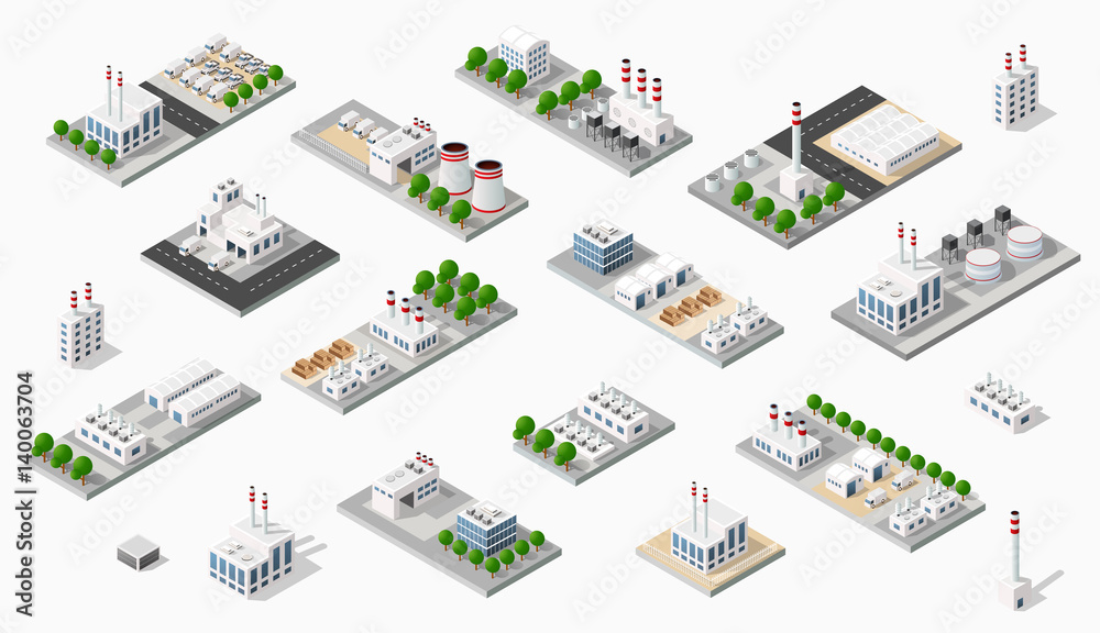 Isometric set plant dimensional projection includes factories and ...