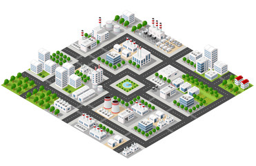 Wall Mural - Isometric plant in 3D dimensional projection includes factories and industrial buildings, boilers, warehouses, hangars, power stations, streets, roads, trees. Urban infrastructure of city metropolis.