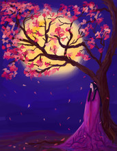 Meditative Abstract Illustration With Sakura, Moon And Contemplative Woman