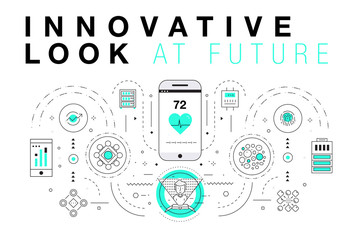Poster - Trendy Innovation systems layouts in polygonal contour line composition, future analysis and technology operations. Made in awesome geometry style with linear pictogram of future for web design.