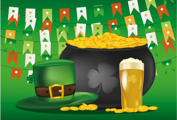 Wall Mural - Pot of gold coins against the background of green flags. Hat and beer for St. Patrick's Day. Invitation or greeting card for the holiday. Free space for text or advertising. Vector.