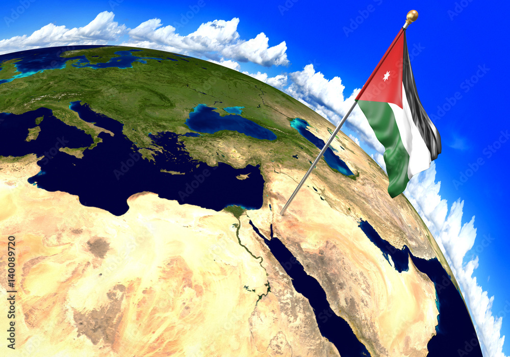 Jordan national flag marking the country location on world map. 3D ...