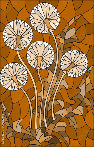 Fototapeta na wymiar Illustration in stained glass style flower of blowball ,brown tone , Sepia,