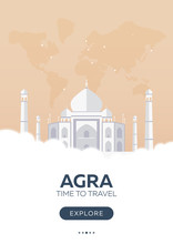 India. Agra. Taj Mahal. Time To Travel. Travel Poster. Vector Flat Illustration.