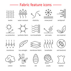 Fabric feature line icons. Pictograms with editable stroke for g