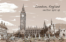 Sketch Cityscape Of London The Big Ben And Houses Of Parliament With Peoples At Public Space In Sepia Tone, Illustration Vector
