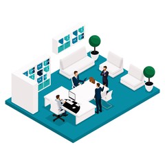 Poster - trend isometric people, concept, office manager rear view, a large table for meetings, negotiations,
