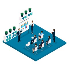 Poster - trend isometric people learning concept rear view, coachers, training, lecture, meeting, brainstorm,