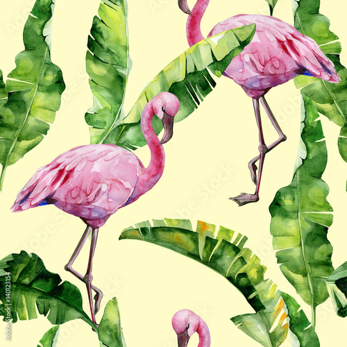 Tropical leaves, dense jungle. Banana palm leaves Seamless watercolor illustr...