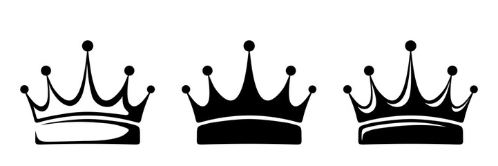 set of three vector black silhouettes of crowns isolated on a white background.