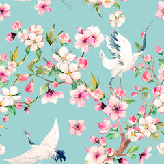 Watercolor crane with flowers vector pattern