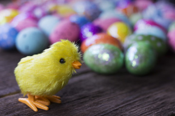  Easter theme. handmade Egg  bokeh background, place for typography, Happy Easter