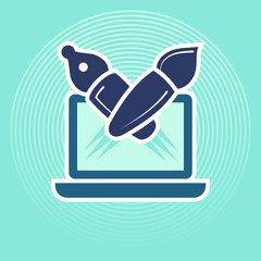 Poster - Pen and brush symbols comes out of  laptop.