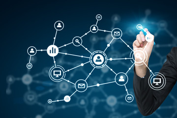 Poster - Man drawing a network on glassboard