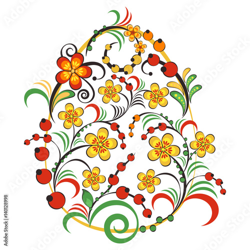 Nowoczesny obraz na płótnie Floral ornament with flowers and berries in shape of egg in Khokhloma style in traditional colors isolated on white background. Russian folklore. Vector illustration