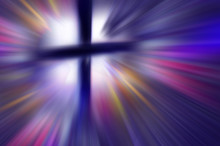 Cross With Light Rays, In Purple Tones. Abstract Modern Artistic Background