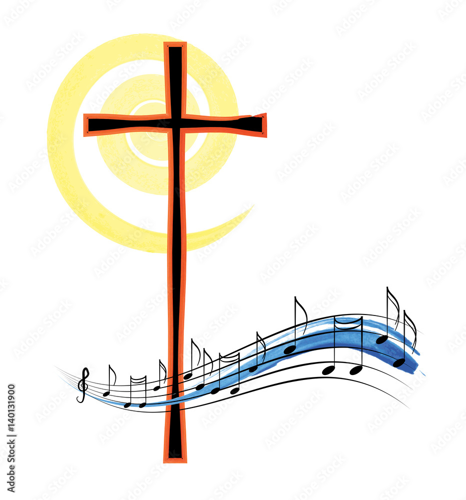 Musical notes with a cross, abstract religious christian music or hymn symbol and concept. - obrazy, fototapety, plakaty 