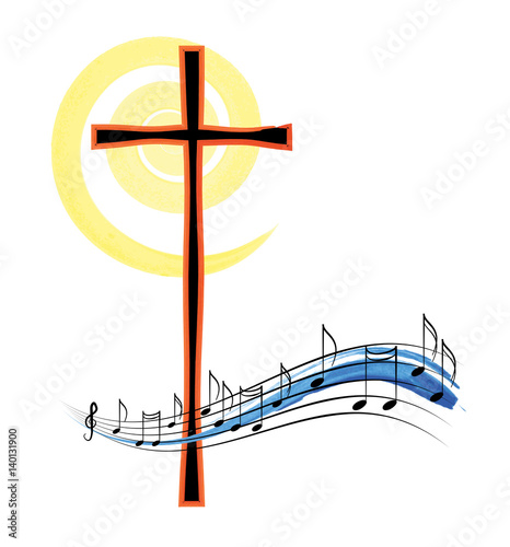 Cuadros en Lienzo Musical notes with a cross, abstract religious christian music or hymn symbol and concept