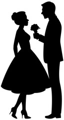 Vector silhouette of a man in love presents a woman a bouquet of flowers