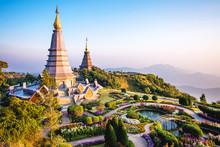 Doi Inthanon Landmark Twin Pagodas At Inthanon Mountain Near Chiang Mai, Thailand.