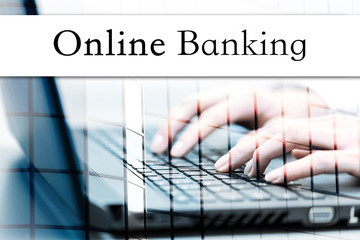 Poster - Concept of online banking. Inscription on the bar and the graphics in the background of modern technologies.