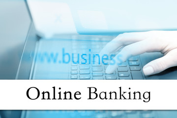 Poster - Concept of online banking. Inscription on the bar and the graphics in the background of modern technologies.