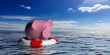 Lifebuoy and a piggy bank on blue sea background. 3d illustration
