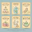 Card collection of hand-drawn cakes. Vintage posters of bakery sweet shop. Freehand drawing, sketch