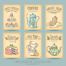 Card Collection Of Hand-drawn Cakes. Vintage Posters Of Bakery Sweet Shop. Freehand Drawing, Sketch