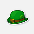 Vector illustration. Green bowler hat with buckle and clover. Saint Patrick's Day symbol. Sticker in cartoon style with contour. Decoration for greeting cards, patches, prints for clothes, badges