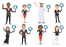  Business Men And Women Six Character Personality Holding Sign ,thumps Up ,thumps Down ,OK ,Surprised, Love, Icon.Multinational Team Work Concept.Illustrations Vector Cartoon.isolated White Background