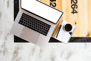 Poster - laptop computer and coffee on table top view