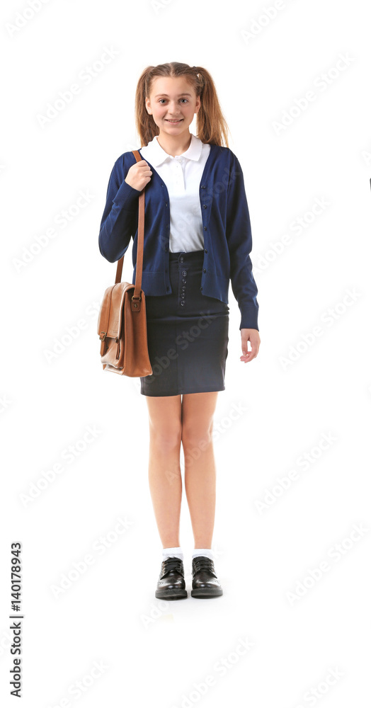 Teenage girl with bag on white background