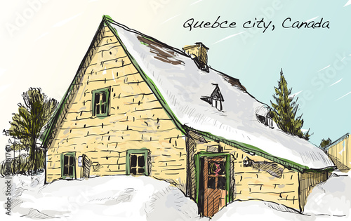 Sketch Cityscape Of Quebec Canada Show Snow And Houses View Free