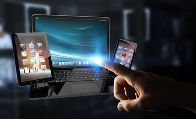 Wall Mural - Businessman touching laptop phone and tablet with his finger 3D rendering