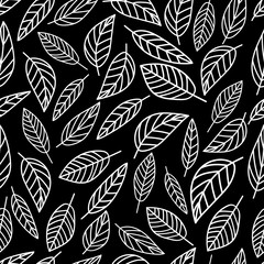 Wall Mural - Seamless pattern graphic leaves on black background. Nature background. Wrapping paper. Hand drawn vector illustration.