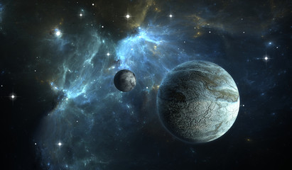 Wall Mural - extrasolar planet. stone planet with moon on background nebula.