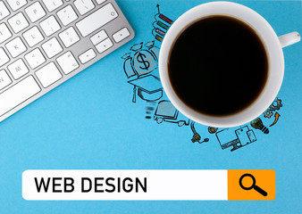 Wall Mural - web design concept. Coffee mug and computer keyboard on a blue background.