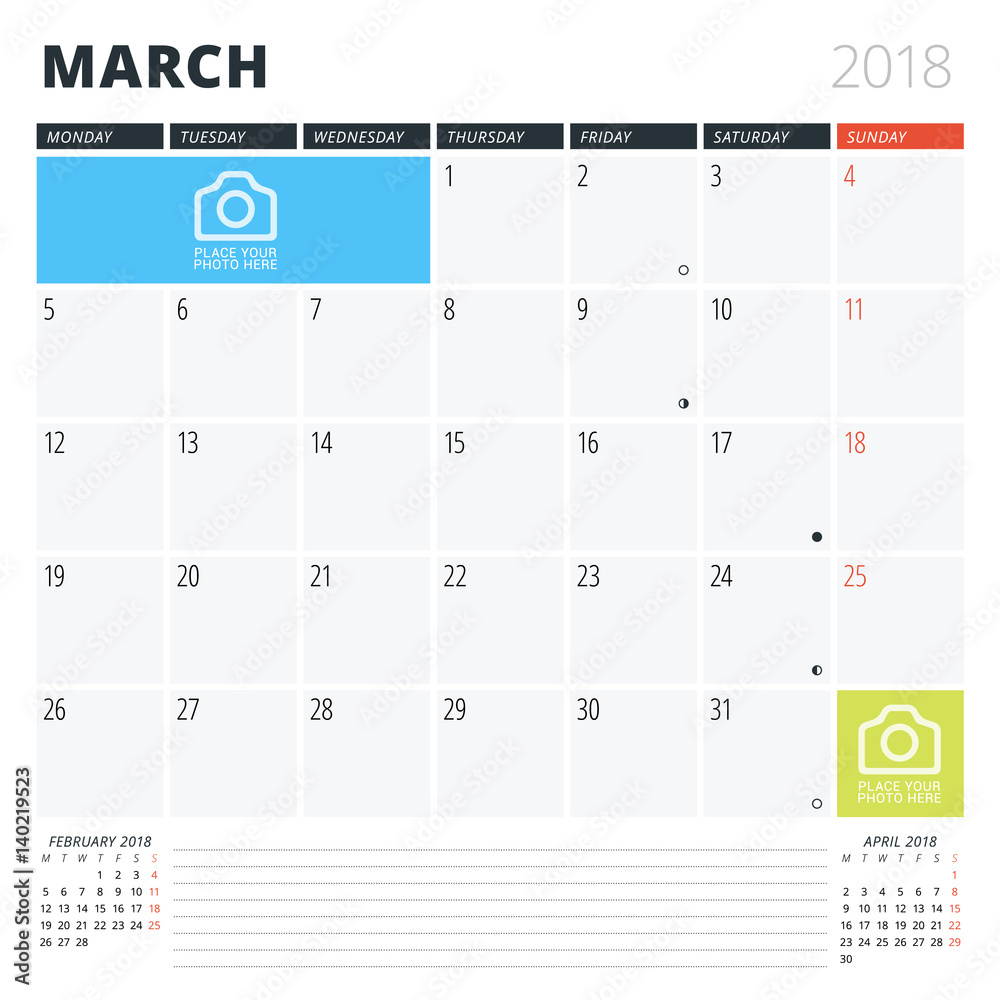 Calendar Planner for March 2018. Print Design Template. Week Starts on Monday. Vector Illustration. Stationery Design - obrazy, fototapety, plakaty 