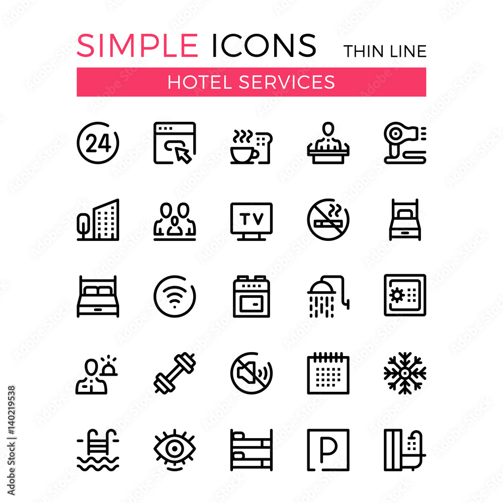 Hotel services and hotel facilities vector thin line icons set. 32x32 ...