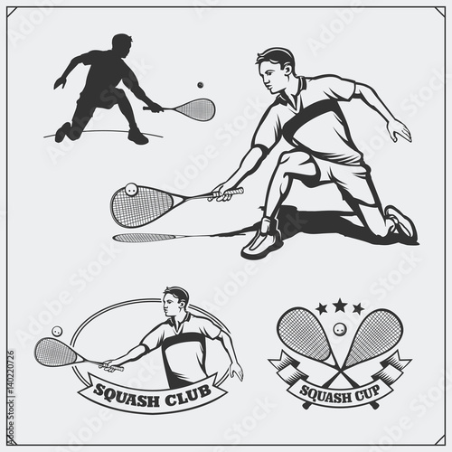  Fototapeta Squash   etykiety-do-squasha-emblematy-odznaki-elementy-projektu-i-sylwetka-gracza-czarno-biale