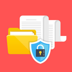 Poster - data protection, file security and access rights concepts. folder, documents and shield with lock ic