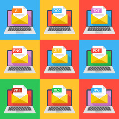 Poster - Laptops with envelopes and documents with different extensions. Email attachments, e-mail documents concept. AI, DOC, TXT, PNG, ZIP, PDF, PPT, XLS and JPG file extensions. Flat design vector icons set