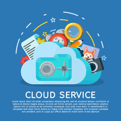 Fototapete - Cloud computing services banner in flat style. Networking communication and data icons. Data provision and cloud computing services. Protection of personal data. Safe with lock. Vector illustration.