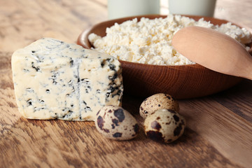 Sticker - Different dairy products on wooden table